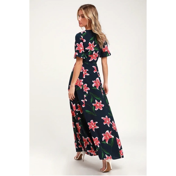 Lulus Stargazer Lily Navy Blue Floral Print Maxi Wrap Dress - Picture 3 of 7